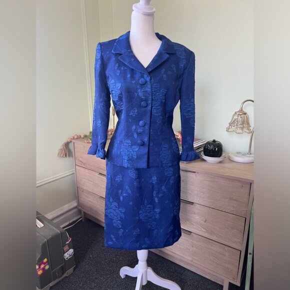 JESSICA HOWARD Vintage Blue Brocade Floral Ruffle Suit Jacket & Skirt Set Sz S-M - Picture 2 of 16